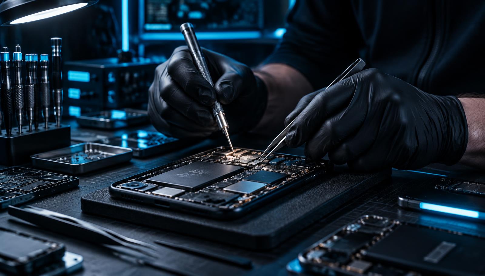 Técnico consertando a placa de um celular