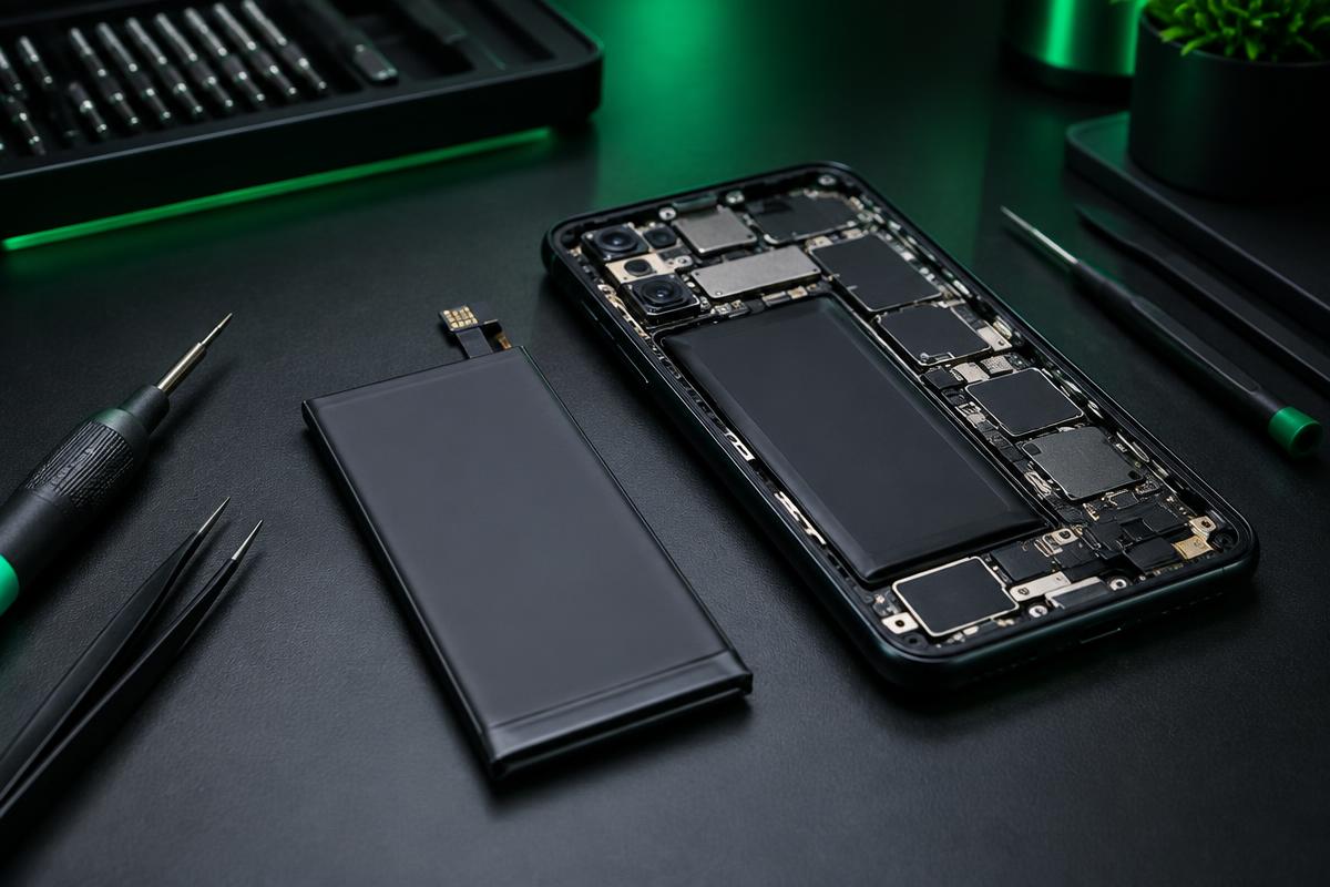 Bateria nova ao lado de um celular aberto