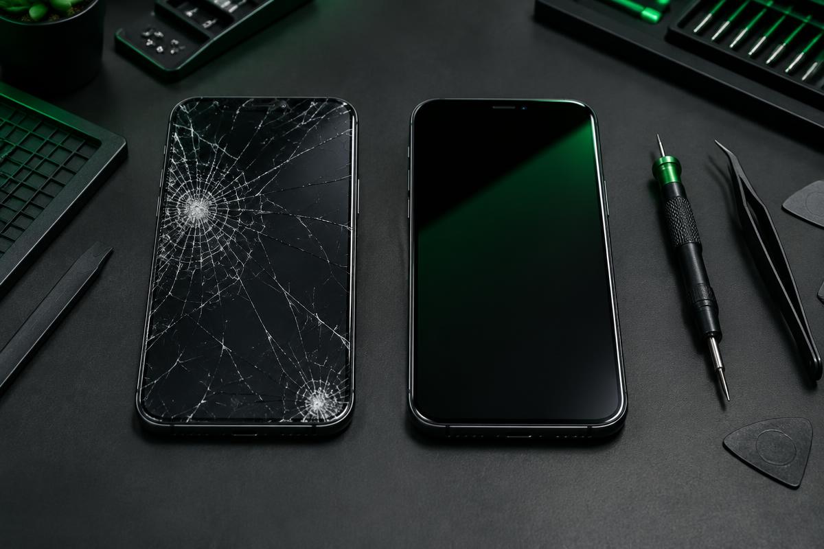 Tela de celular quebrada ao lado de uma tela nova